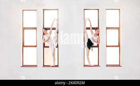 Ballet, art and dancers dancing on the window at the dance academy in a practice studio. Elegant team of ballerinas stretching, training and Stock Photo