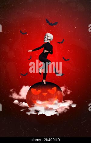 Collage photo of young nice slim woman wear black costume head skull scary dancing angry pumpkin bat fly halloween isolated on red color background Stock Photo