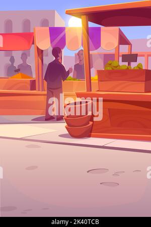 Oriental market with people buying products at outdoor stalls. Vendors offer spices, crockery and other production to visitors at wooden fair booths with striped awnings, Cartoon vector illustration Stock Vector