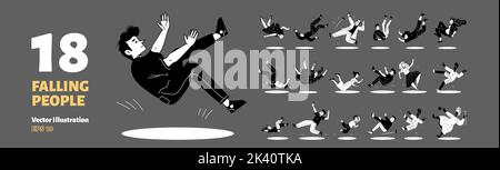 Set of 18 people falling. Young and senior male, female flat characters, children landing on floor after stumbling, slipping, tripping over something by accident. Risk of injury. Vector illustration Stock Vector