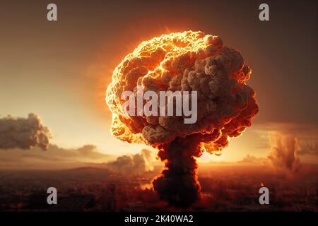 An explosion in a town's skyline making a nuclear fire mushroom cloud in an apocalyptic war. Nuclear explosion of atomic bomb in a nuclear war. 3D Stock Photo