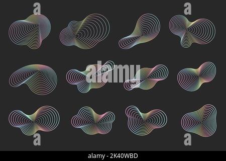 Abstract topography circles. Organic neon colored texture shapes. Vector outline holographic illustrations set. Stock Vector