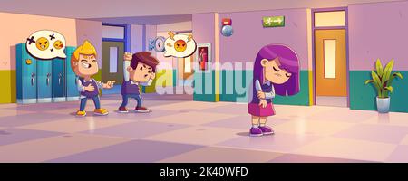Boys bully girl in school hallway. Concept of children violence, mockery, bullying. School corridor with kids with negative emoticons in speech bubbles and victim, vector contemporary illustration Stock Vector