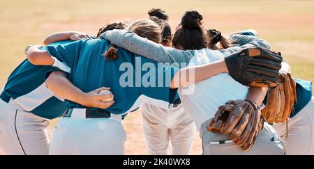 Baseball, support and team together in a motivation, game and training on a pitch or field, Women athlete or club with teamwork, collaboration and Stock Photo