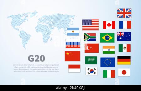G20 world map countries infographic. Saudi Arabia Turkey Brazil european G20 country flag. Stock Vector
