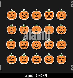 Halloween Pumpkins Faces sticker set. Halloween party decorations. Easy to edit vector template. Stock Vector