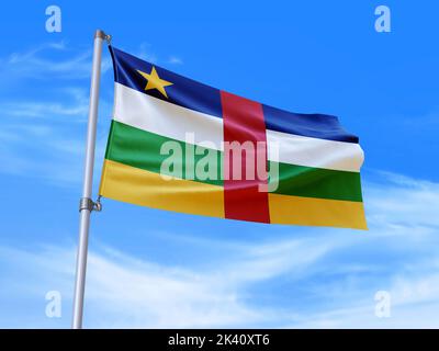 Central African Republic flag waving on a blue sky background. 3d ...