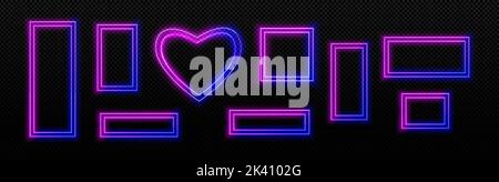 Blue and pink neon light frames, empty banners in rectangle and heart shapes. Glowing borders for night club or casino electric signboards isolated on transparent background, vector realistic set Stock Vector