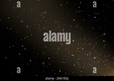 Natural organic dust particles floating on a sunbeam on black background. Glittering sparkling flickering in space 3D illustration. Stock Photo