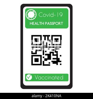 Vector illustration of health passport, vaccination certificate for Covid-19 on a mobile device with QR code in green and white color. Stock Vector