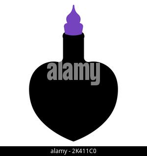 Poison bottle. Silhouette. Heart shaped vessel. The bottle is closed with a purple stopper. Vector illustration. A miraculous drink. Witch potion Stock Vector