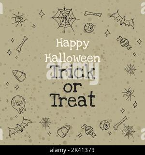 Lettering Happy Halloween and Trick or Treat themed line art items Stock Vector