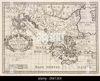 A new map of ancient Greece Thrace, Moesia, Ilyricum and the isles adjoyning. Greece, Thrace, Illyricum, &c. Cartographic. Maps, Atlases. 1700. Lionel Pincus and Princess Firyal Map Division. Atlases, British, Geography, Ancient, Maps in education , England, Maps Stock Photo