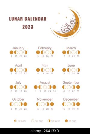 Moon Calendar 2023 Year. Lunar Phases Schedule Template. Boho Astrological Poster With Mystic ...