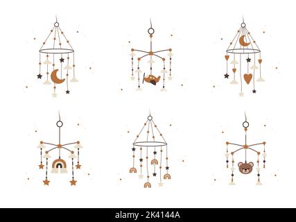 Boho baby mobile collection. Hand drawn scandinavian hanging toys for newborn isolated on white background. Vector illustration in flat cartoon style Stock Vector