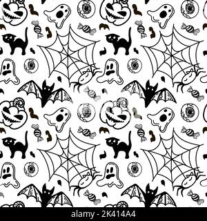 A seamless pattern of hand-drawn Halloween elements in a doodle style. Autumn. Cheerful pumpkins, black cat, spider web. Ghosts, bats and candy. Holid Stock Vector
