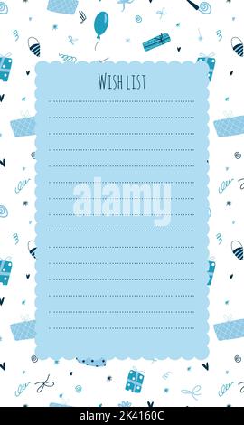 Wishlist template with hand drawn blue gift boxes on background. Kids stationary, cute list for Christmas or birthday in blue and white color in carto Stock Vector