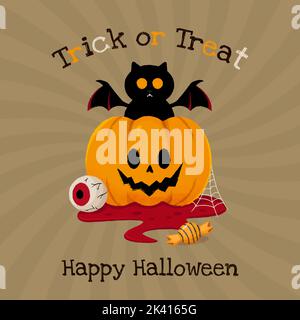 Lettering Happy Halloween and Trick or Treat black cat with bat wings pumpkin eye candy apple and cobweb Stock Vector