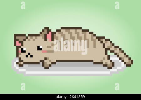 Pixel 8 bit lazy cat. Animals for game assets in vector illustration. Stock Vector