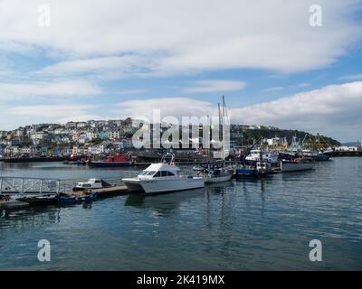 View from King's Quay across Brixham Marina and harbour towards pastel coloured sea front properties Devon England UK Stock Photo