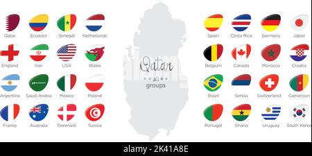 Modern icon flags of the countries participating in the 2022 World cup championship in Qatar by groups Stock Vector
