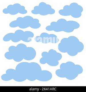 Blue clouds cartoon set. Clipart fluffy clouds of different sizes and shapes. Collection of comic air bubbles vector illustration Stock Vector