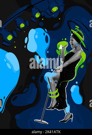 Contemporary art collage. Expressive female african singer performing over colorful splashes background Stock Photo