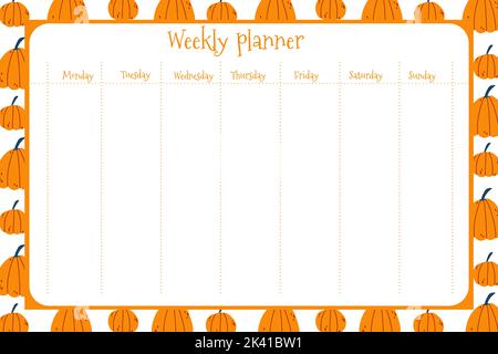 Weekly planner for kids with hand drawn pumpkin background in cartoon naive childish style. Colorful vector fall illustration for stationary, schedule Stock Vector