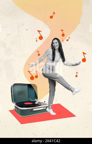 Vertical collage portrait of excited carefree girl black white colors enjoy dancing vinyl record player isolated on drawing background Stock Photo