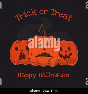 The inscription Trick or Treat and Happy Halloween and pumpkins on the background of a pattern of crosses Stock Vector