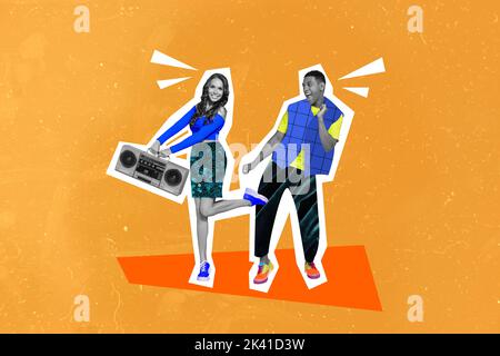 Collage image of two excited positive people black white gamma hold boombox enjoy dancing isolated on drawing background Stock Photo