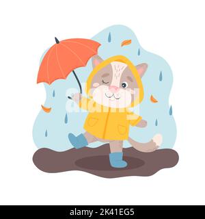 Cat with umbrella under the rain. Autumn character, outdoors activity. Cute seasonal vector illustration in flat cartoon style Stock Vector