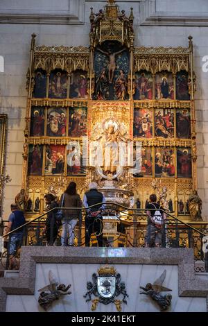 Spain, Madrid. Cathedral of Almudena Interior, Facing the Altar and the 15th Century Virgin of Almudena. Stock Photo