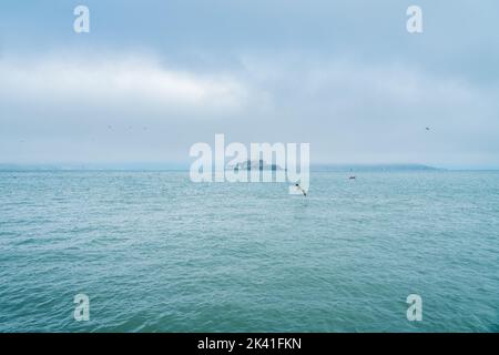 Alcatraz jail island in San Francisco bay on a misty morning with brown pelicans flying over the water. Travelling in NoCal California Nature travel l Stock Photo