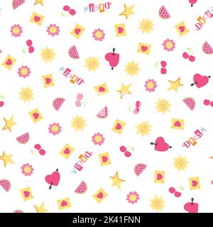 Seamless pattern with heart, love letter, cherry, sun, watermelon, flower in 1990s style. Vector retro background with pop girly stickers in pink and Stock Vector