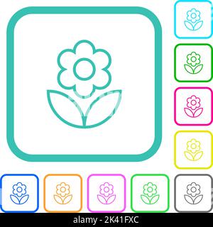 Single flower outline vivid colored flat icons in curved borders on white background Stock Vector