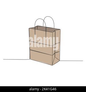 single line drawing of brown paper bag isolated on white background, line art shopping bag vector illustration Stock Vector