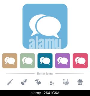 Two oval chat bubbles solid white flat icons on color rounded square backgrounds. 6 bonus icons included Stock Vector