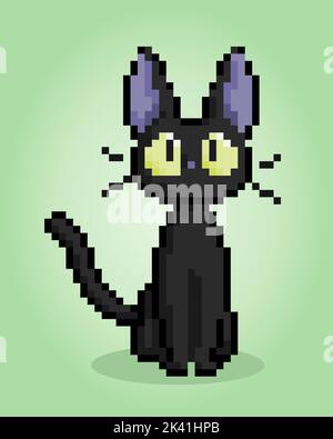 Pixel 8 bit black cat. Animals for game assets in vector illustration. Stock Vector