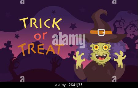 vertical background with witch and inscription halloween trick or treat Stock Vector