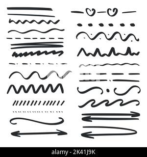 Set dividers and lines for text. Hand drawn underline and highlight elements for diary, planner and notes. Black simple symbols isolated vector Stock Vector