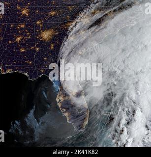 Nasa Eosdis, Earth Orbit. 29th Sep, 2022. NASA EOSDIS, EARTH ORBIT. 29 September, 2022. The remnants of Hurricane Ian, now a tropical storm moves offshore on the east coast of Florida as the sunrises along the storm damaged state viewed from the NOAA Geos satellite, September 29, 2022 in Earth Orbit. Credit: GEOS/NOAA/Alamy Live News Stock Photo