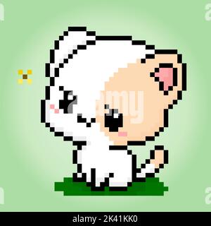 Pixel 8 bits cute cat see a butterflies. Animals for game assets in vector illustrations. Stock Vector