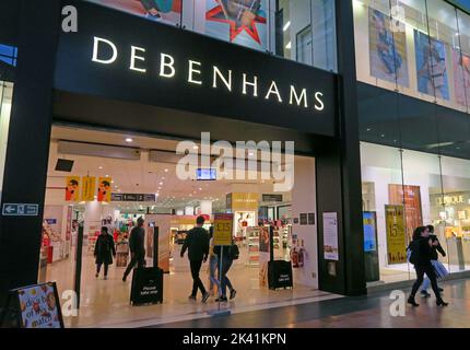 Busy Debenhams Store before closure, in Warrington Golden Square shopping centre, open with shoppers, Cheshire, England, UK, WA1 Stock Photo
