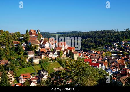 Altensteig in Northern Black Forest: View with historic town, castle and parish church, Calw District, Baden-Württemberg, Germany Stock Photo