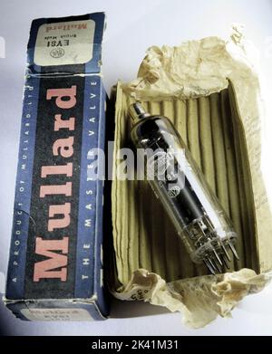 Mullard EY81 vacuum Valve Flyback Diode and box packaging from 1965 Stock Photo