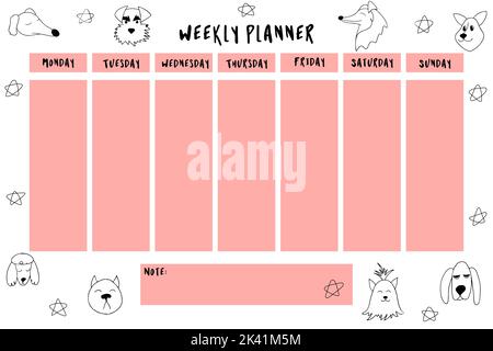 Weekly planner with cute outline dogs and stars in doodle cartoon style ...