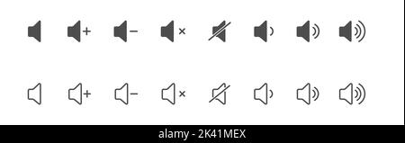 Volume icon. Sound controls. A set of symbols for the volume and control interface. Empty outline and filled silhouette, flat style. Stock Vector