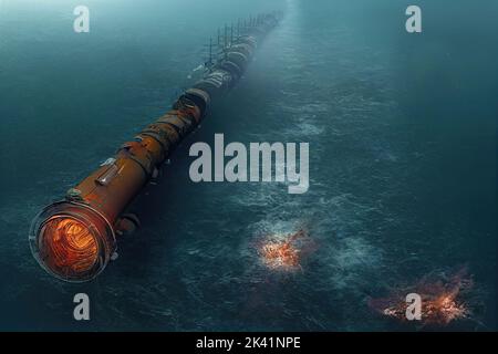 Destruction of underwater gas pipelines. underwater explosion and gas ...