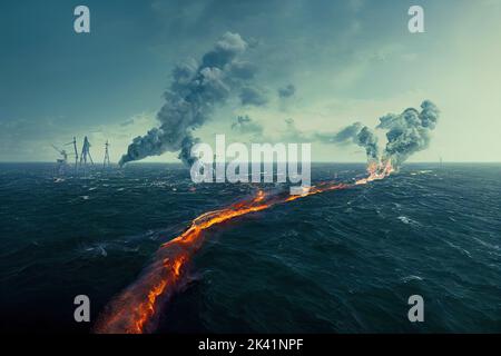 Sabotage of the underwater gas pipelines. Underwater explosion and gas ...